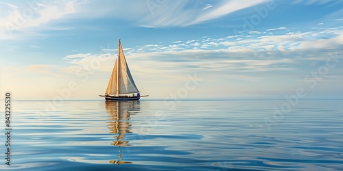 Sailboat on a serene ocean under blue sky.Sailboat reflecting on calm waters.