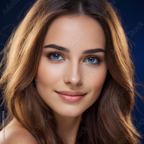 Pretty european beauty woman long hair with makeup glowing face and healthy facial skin portrait smile on isolated dark blue background