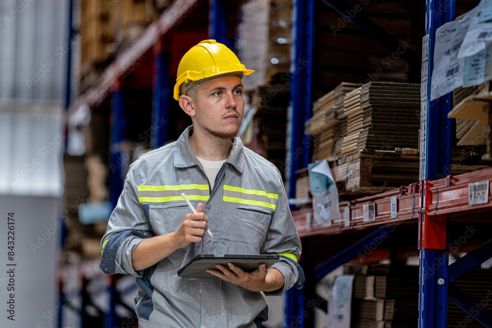 man worker walking and checking stock items for shipping. male inspecting the store factory. Logistics employees holding folders at on site warehouse area for shipping transportation. man worker walking and checking stock items for shipping. male inspecting the store factory. Logistics employees holding folders at on site warehouse area for shipping transportation.