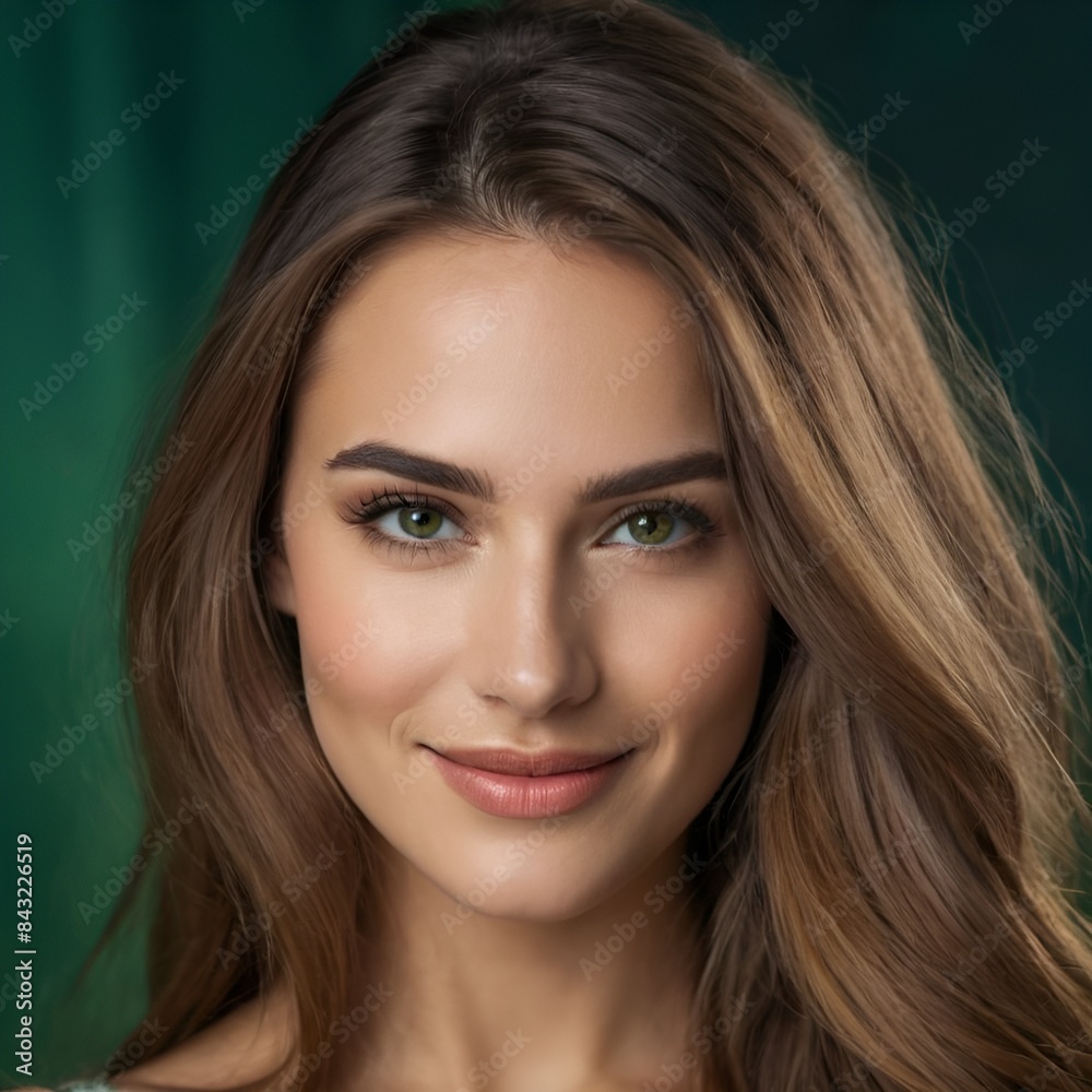 Obraz premium Pretty european beauty woman long hair with makeup glowing face and healthy facial skin portrait smile on isolated dark green background
