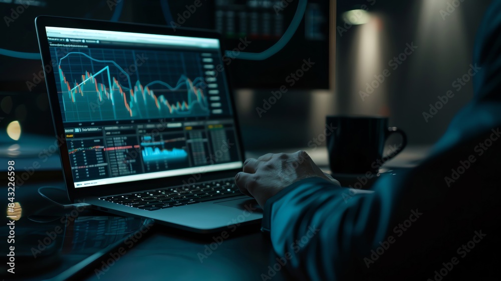 Businessman using a laptop to create a mockup basket with a stock market graph on the screen, depicting a business financial concept for trading and rising stocks Businessman using a laptop to create a mockup basket with a stock market graph on the screen, depicting a business financial concept for trading and rising stocks