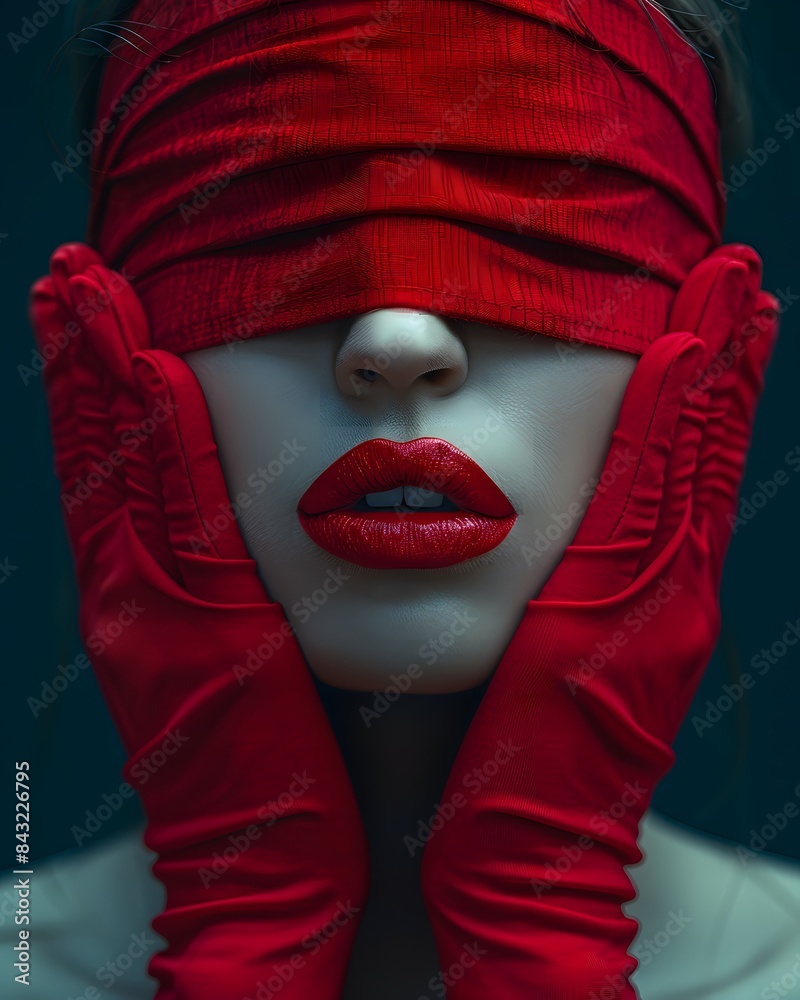Mysterious Woman: Red Lips, Gloves, and Blindfold

