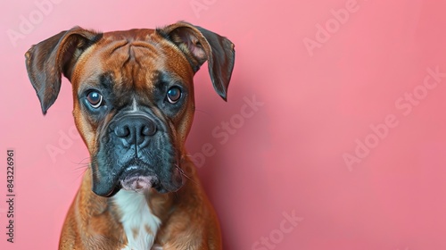 Close-up of a brown Boxer dog with a wrinkled forehead looking into the camera against a pink background. © PTC_KICKCAT