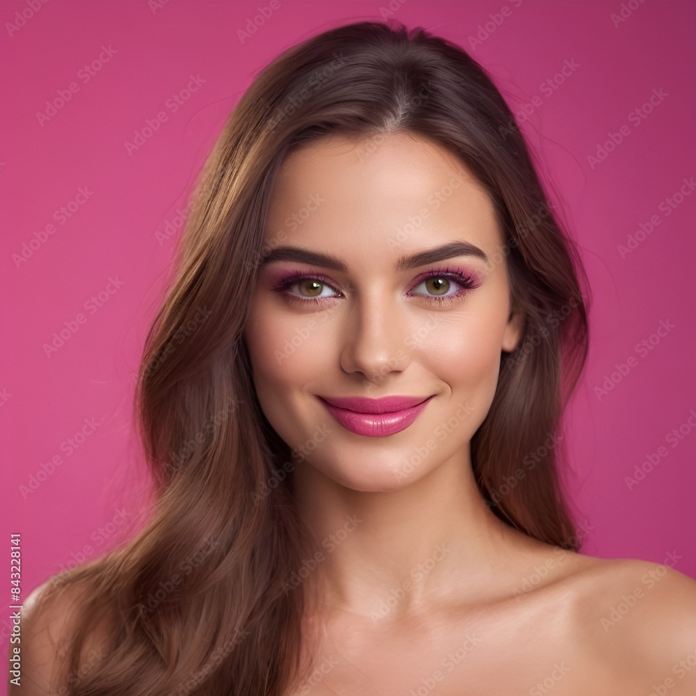 Pretty european beauty woman long hair with makeup glowing face and healthy facial skin portrait smile on isolated light fuchsia background Pretty european beauty woman long hair with makeup glowing face and healthy facial skin portrait smile on isolated light fuchsia background