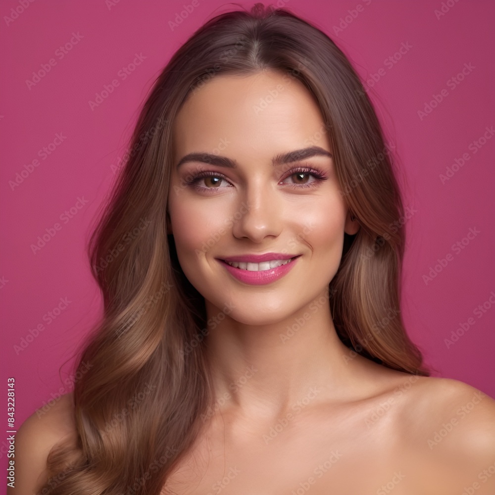 Pretty european beauty woman long hair with makeup glowing face and healthy facial skin portrait smile on isolated light fuchsia background Pretty european beauty woman long hair with makeup glowing face and healthy facial skin portrait smile on isolated light fuchsia background