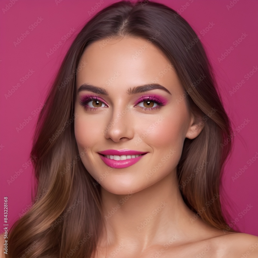 Fototapeta premium Pretty european beauty woman long hair with makeup glowing face and healthy facial skin portrait smile on isolated light fuchsia background
