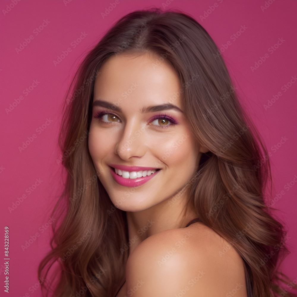 Pretty european beauty woman long hair with makeup glowing face and healthy facial skin portrait smile on isolated light fuchsia background Pretty european beauty woman long hair with makeup glowing face and healthy facial skin portrait smile on isolated light fuchsia background