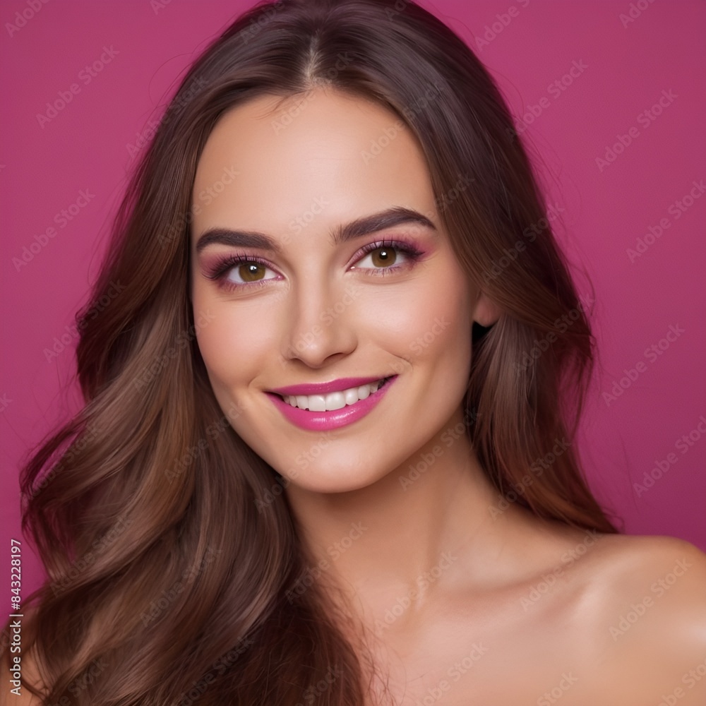 Pretty european beauty woman long hair with makeup glowing face and healthy facial skin portrait smile on isolated light fuchsia background Pretty european beauty woman long hair with makeup glowing face and healthy facial skin portrait smile on isolated light fuchsia background