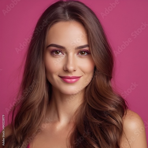 Pretty european beauty woman long hair with makeup glowing face and healthy facial skin portrait smile on isolated light fuchsia background