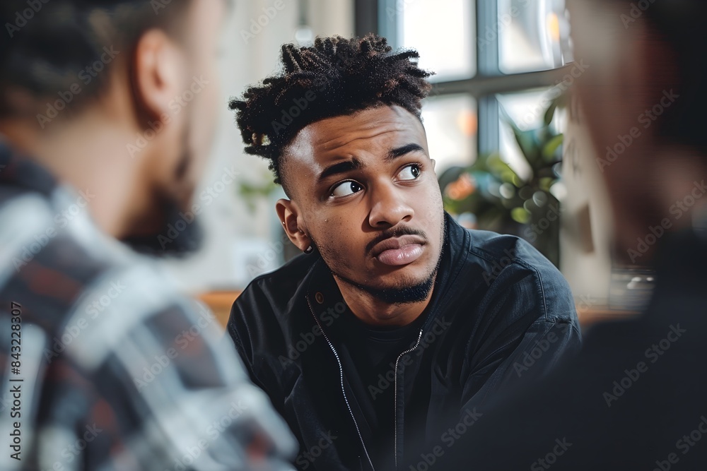 Obraz premium A man with dreadlocks is looking at two other men. Scene is serious and contemplative