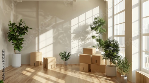 The concept of moving into a new apartment with cardboard boxes and plants on a wooden floor, white walls with large windows, a copy space for text
