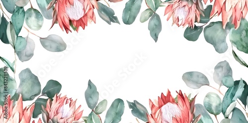 Watercolor hand draw floral frame with green eucalyptus leaves and red protea rose flowers, wedding invitation card border design, mock up of floral elements, botanic watercolor illustration. Template