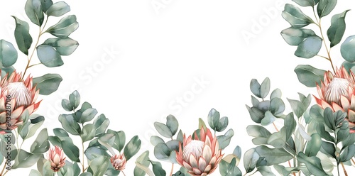 Watercolor hand draw floral frame with green eucalyptus leaves and red protea rose flowers, wedding invitation card border design, mock up of floral elements, botanic watercolor illustration. Template