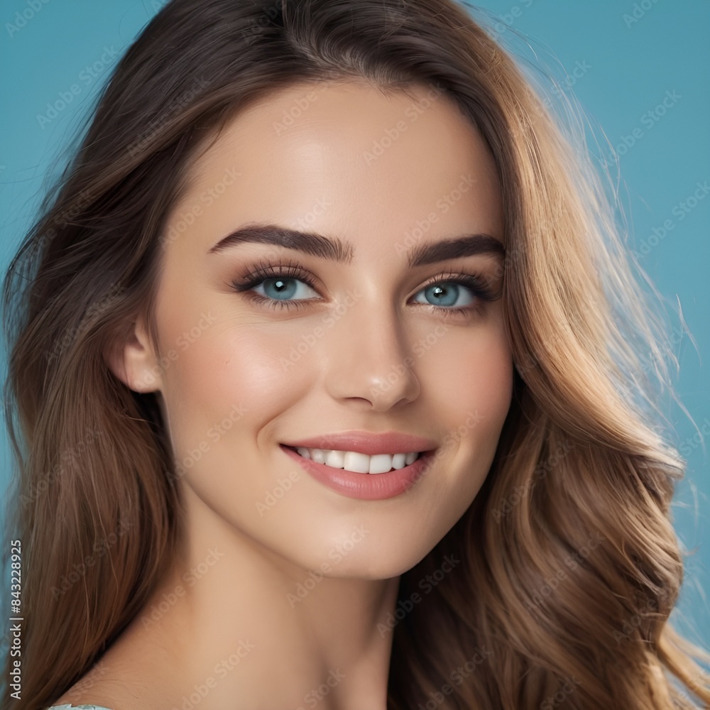 Pretty european beauty woman  long hair with makeup glowing face and healthy facial skin portrait smile on isolated light blue background