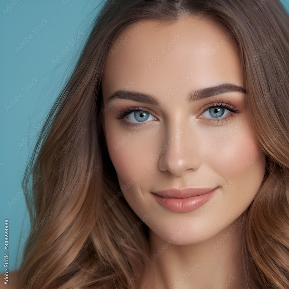 Pretty european beauty woman long hair with makeup glowing face and healthy facial skin portrait smile on isolated light blue background Pretty european beauty woman long hair with makeup glowing face and healthy facial skin portrait smile on isolated light blue background
