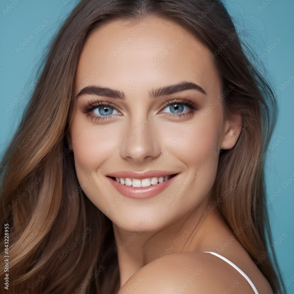 Pretty european beauty woman long hair with makeup glowing face and healthy facial skin portrait smile on isolated light blue background Pretty european beauty woman long hair with makeup glowing face and healthy facial skin portrait smile on isolated light blue background