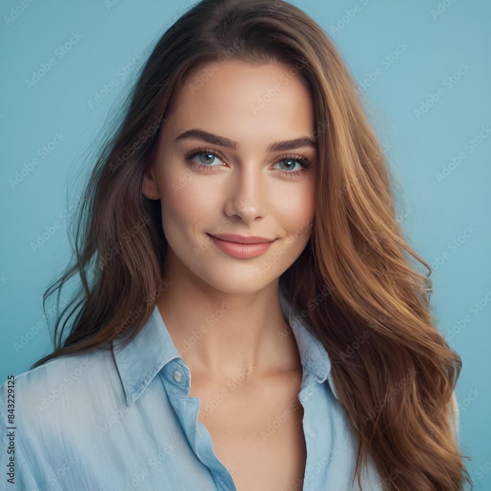 Pretty european beauty woman long hair with makeup glowing face and healthy facial skin portrait smile on isolated light blue background Pretty european beauty woman long hair with makeup glowing face and healthy facial skin portrait smile on isolated light blue background