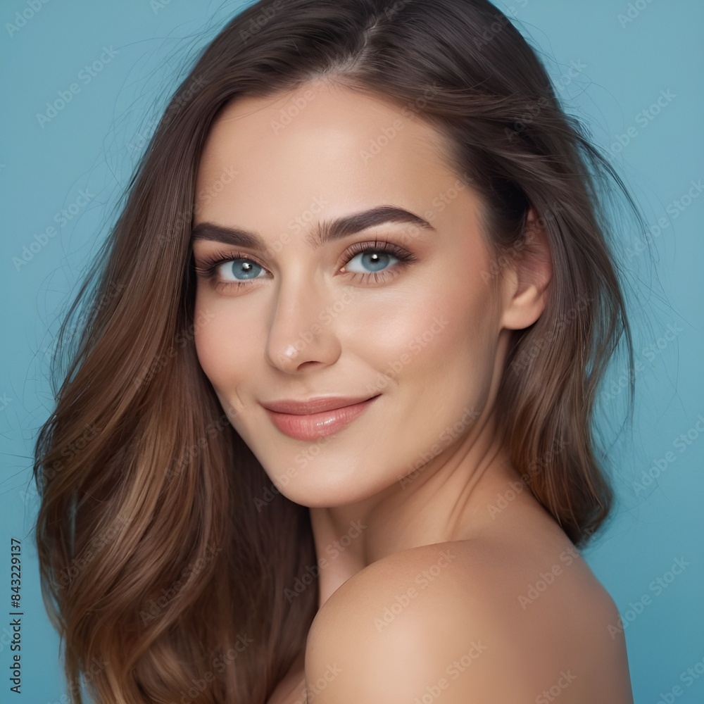 Obraz premium Pretty european beauty woman long hair with makeup glowing face and healthy facial skin portrait smile on isolated light blue background