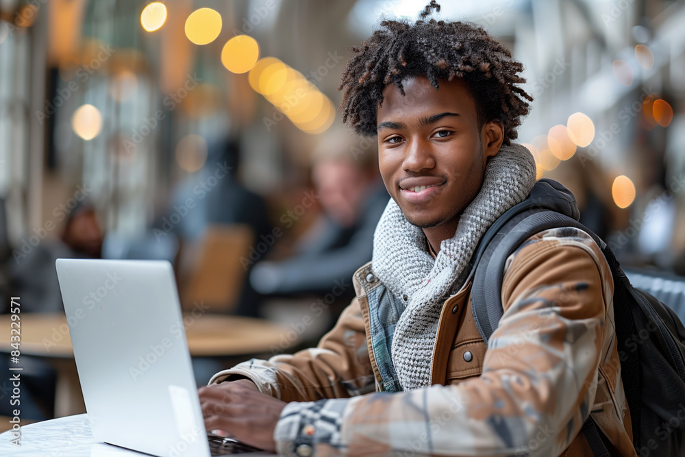 A young man with a backpack uses a laptop while smiling at the camera in a public setting A young man with a backpack uses a laptop while smiling at the camera in a public setting