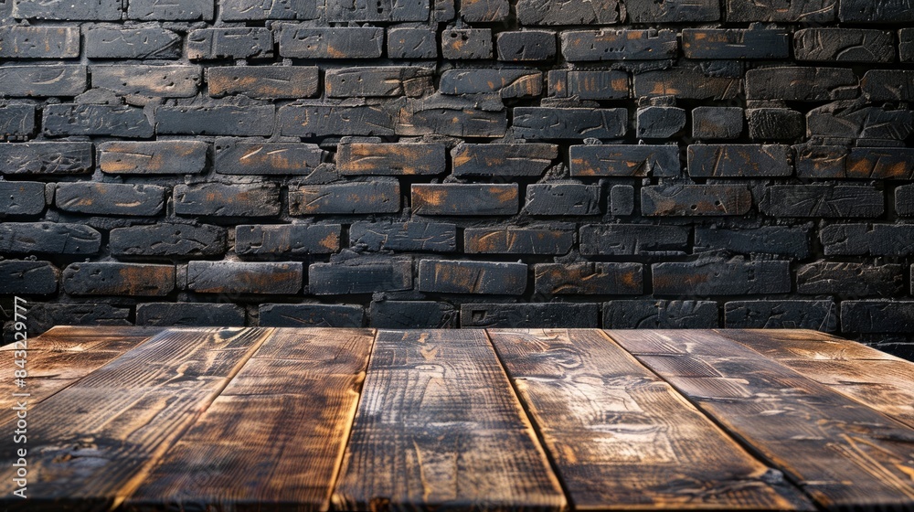 Old wooden table with brick background dark, generative ai Old wooden table with brick background dark, generative ai