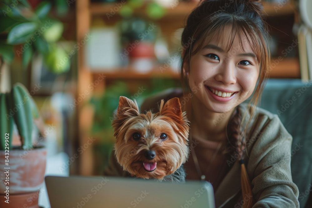 Happy Asian Woman Working on Laptop with Small Dog in Bright Home Office