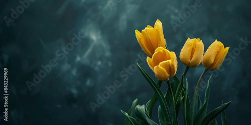  This image features two yellow tulips with droplet-like petals, set against a blurred chalkboard background.