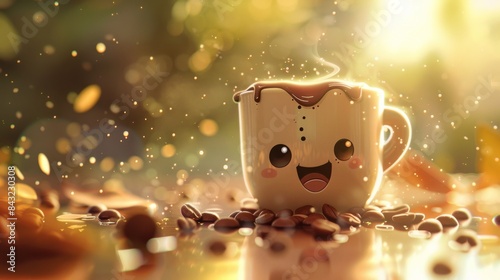 Cute Bear Character Enjoying Coffee In Autumn Forest