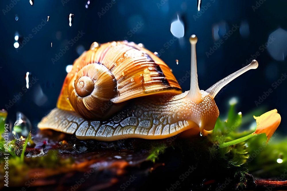A snail huddles in a rainy forest sunlight peeks through dappling the moss-covered leaf and sparkling dewdrops on tiny flowers A snail huddles in a rainy forest sunlight peeks through dappling the moss-covered leaf and sparkling dewdrops on tiny flowers