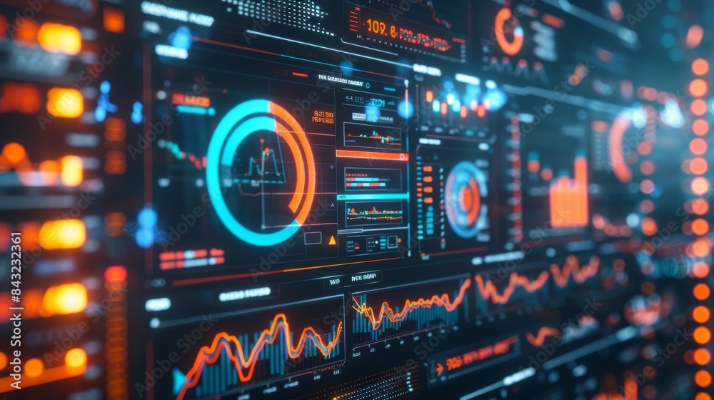 Digital dashboard with charts and data for technology and business presentations Digital dashboard with charts and data for technology and business presentations