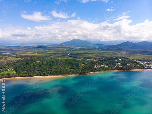 aerial drone panorama of beautiful south mission beach  turtle bay  lugger bay  and surrounding islands in tropical north queensland  australia  paradise beaches on the shore of pacific 