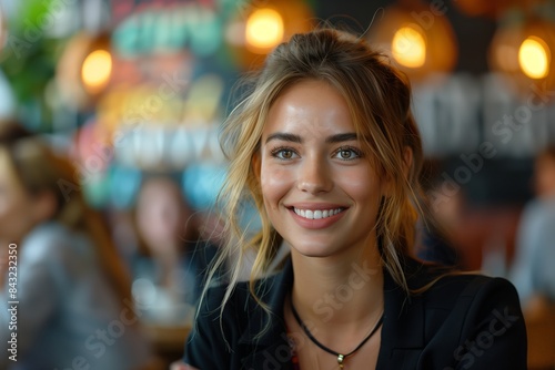 A businesswoman smiles warmly during a casual meeting with her colleagues at a cafe