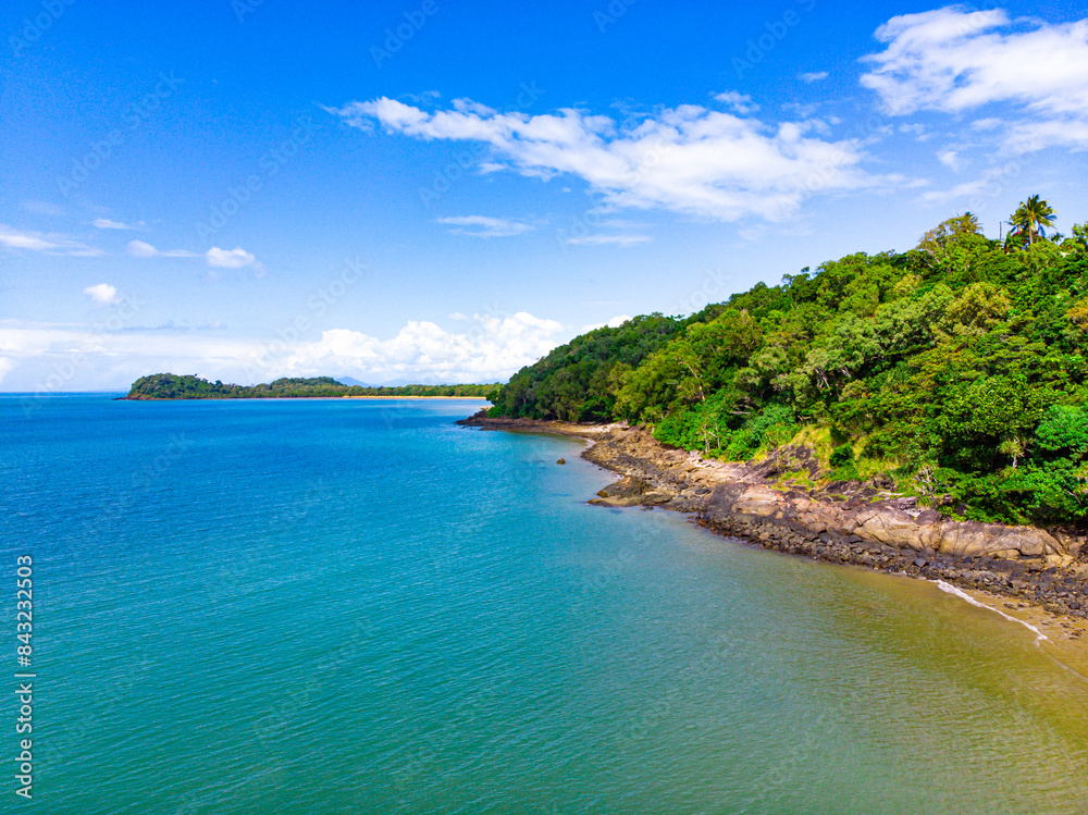 aerial drone panorama of beautiful south mission beach, turtle bay, lugger bay, and surrounding islands in tropical north queensland, australia; paradise beaches on the shore of pacific	
