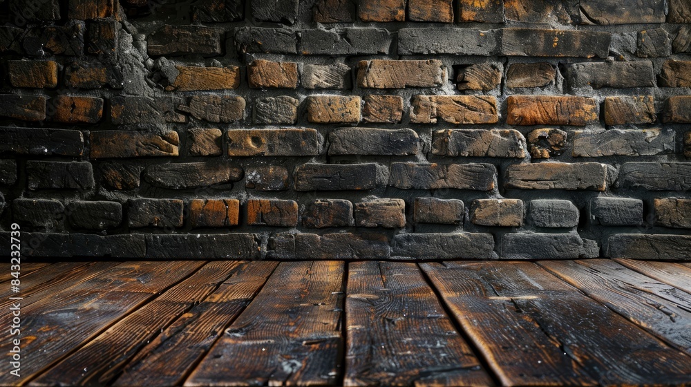 Old wooden table with brick background dark, generative ai Old wooden table with brick background dark, generative ai