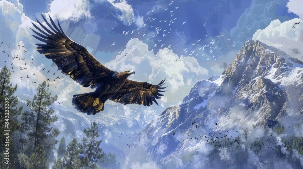Fototapeta premium Eagle flying over mountains for adventure or freedom themed designs