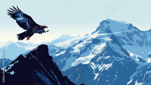 Eagle Flying Over Mountains At Sunset For Nature Or Wildlife Themed Designs photo