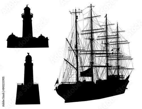 barcos, silueta, barco antiguo, barco pirata, descarga, faro, torre