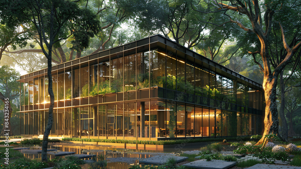 Modern office building with glass exterior and interior trees, architectural render Modern office building with glass exterior and interior trees, architectural render