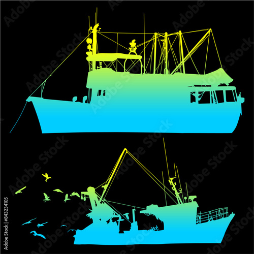 barcos, silueta, barco de pesca, barco pesquero, pegatina, ilustracion, vector