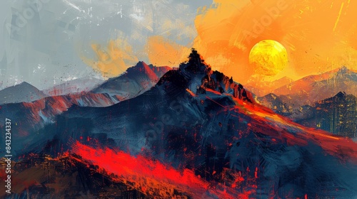 Fiery sunset mountain landscape with vibrant brushstrokes
