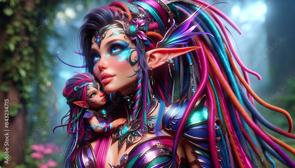 Naklejka premium Ilustración 3D cuento de hadas, hada/elfi, hada, elfi, elfa, elfo, día de la madre, mujer guerrera, de película, para niños, infantil