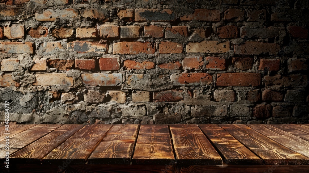 Old wooden table with brick background dark, generative ai Old wooden table with brick background dark, generative ai