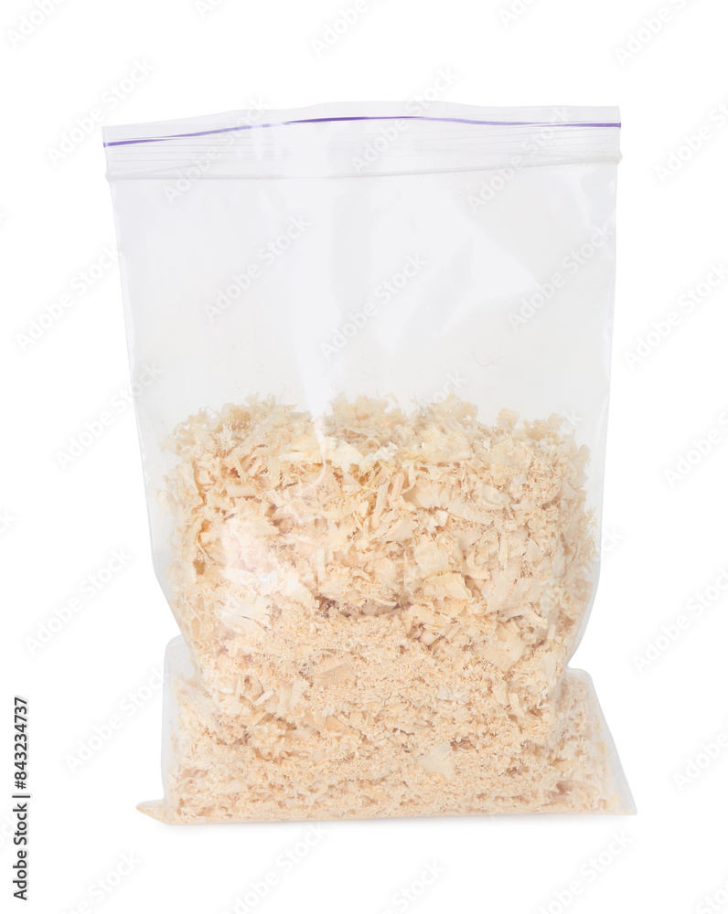 Natural sawdust in zip bag isolated on white Natural sawdust in zip bag isolated on white
