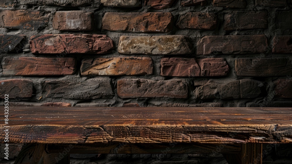 Old wooden table with brick background dark, generative ai