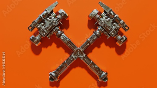 Futuristic chrome hammers crossed on an orange background © Gulkhanim