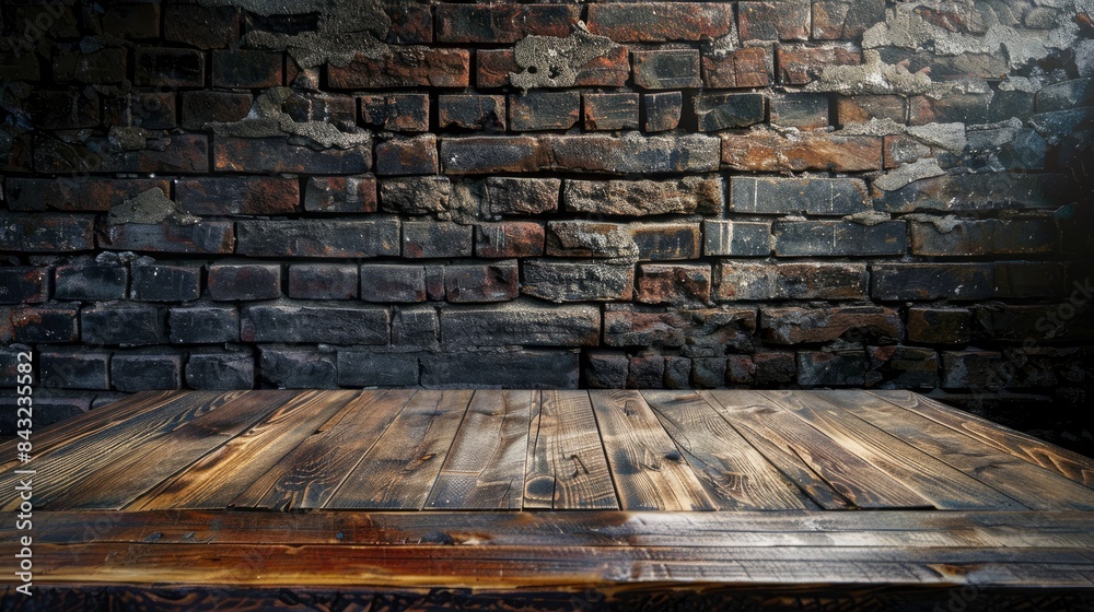 Old wooden table with brick background dark, generative ai Old wooden table with brick background dark, generative ai