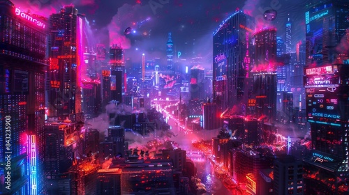 Futuristic cyberpunk cityscape with neon lights and vibrant colors for gaming or technology themed designs