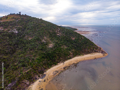 aerial drone panorama of cape pallarenda in townsville, north queensland, australia; remainings of forts in strategic defence location during the war near magnetic island	 photo