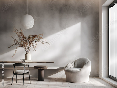 Aesthetic elegant minimalist interior design. Concrete effect paint in the room. Decorative stucco on the walls. Copy space. Clean apartment for decoration. Japandi, scandi style. Neutral colors. photo