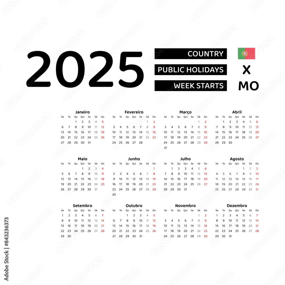 Portugal Calendar 2025. Week starts from Monday. Vector graphic design. Portuguese language. Portugal Calendar 2025. Week starts from Monday. Vector graphic design. Portuguese language.