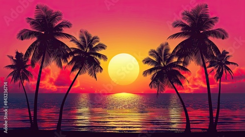 Sunset background with palm trees.